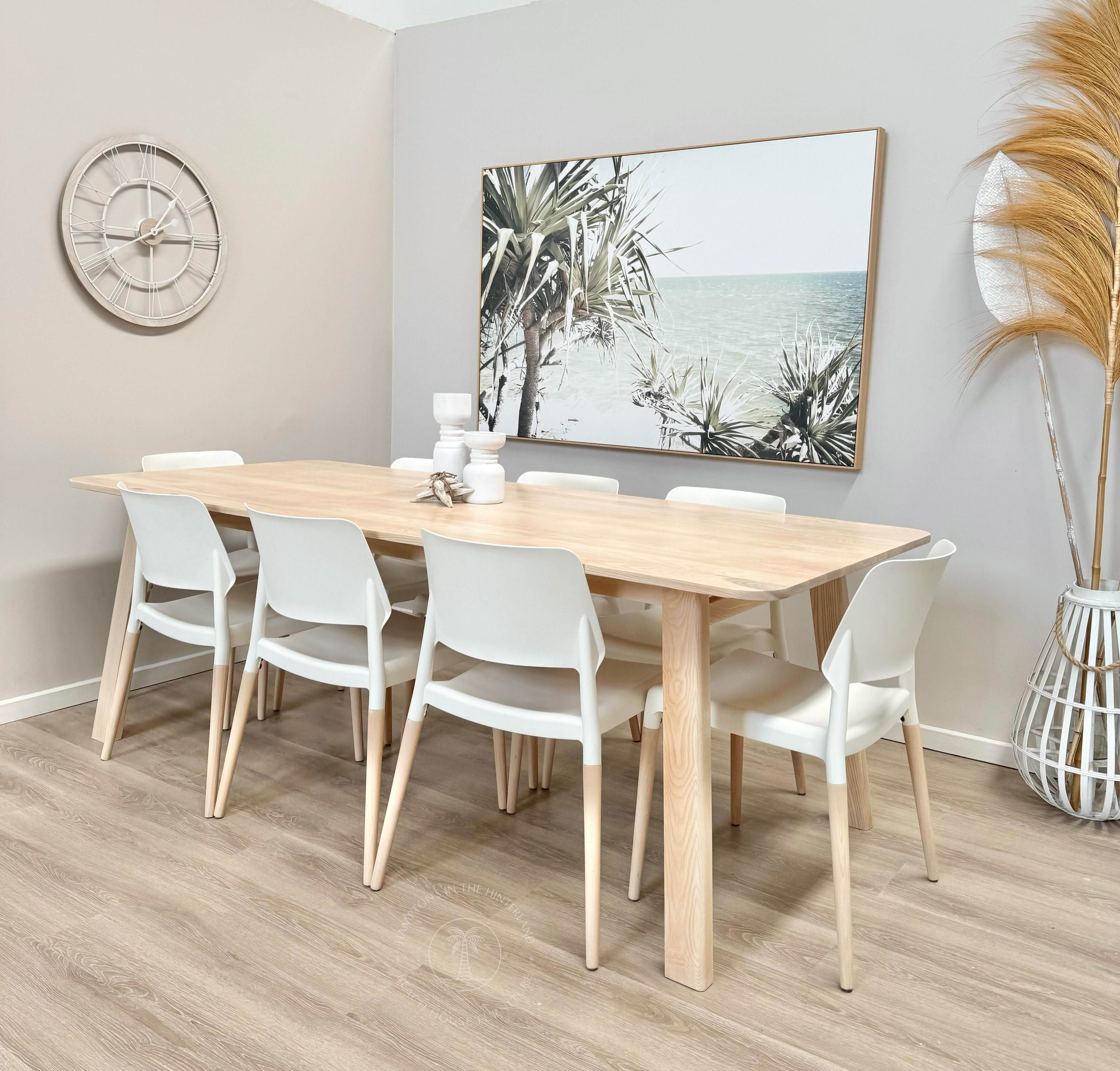 *STUNNING* Hampton’s Beach House Whitewashed Modern Ash Timber Dining Table and 8 x Dining ...